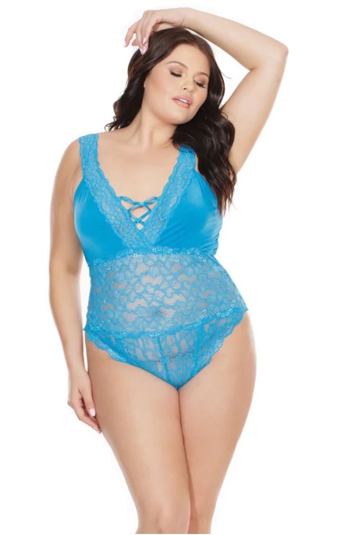 Coquette Queen Size Stunning Blue Crotchless Scallop Lace and Microfiber Teddy CQ7231X