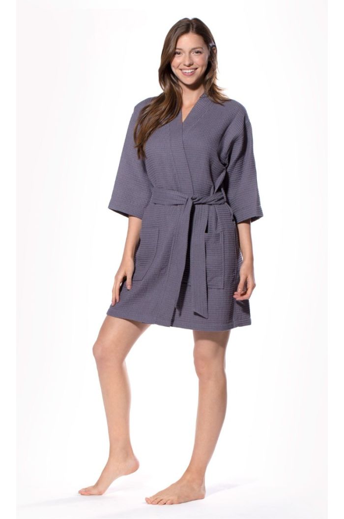LM Brands Waffle Kimono Charcoal Short Robe Square Pattern LM7063-Charcoal