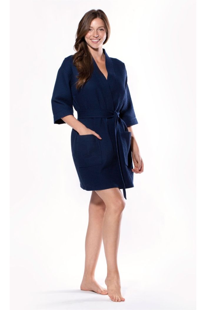 LM Brands Waffle Kimono Coral Short Robe Square Pattern LM7063-Navy Blue
