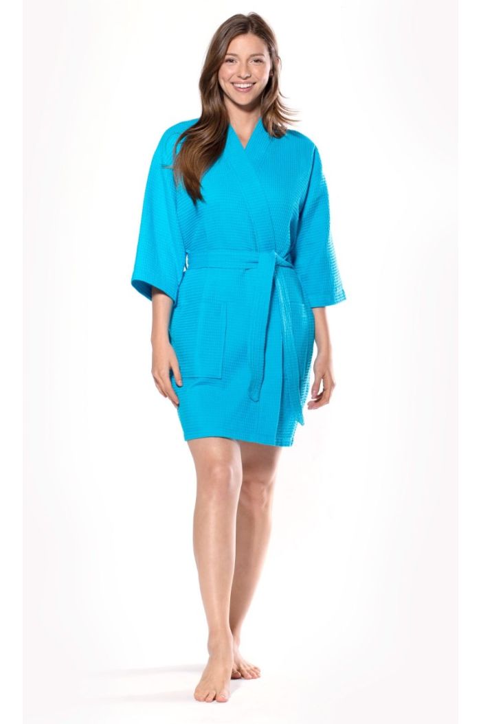 LM Brands Waffle Kimono Turquoise Short Robe Square Pattern LM7063-Turquoise