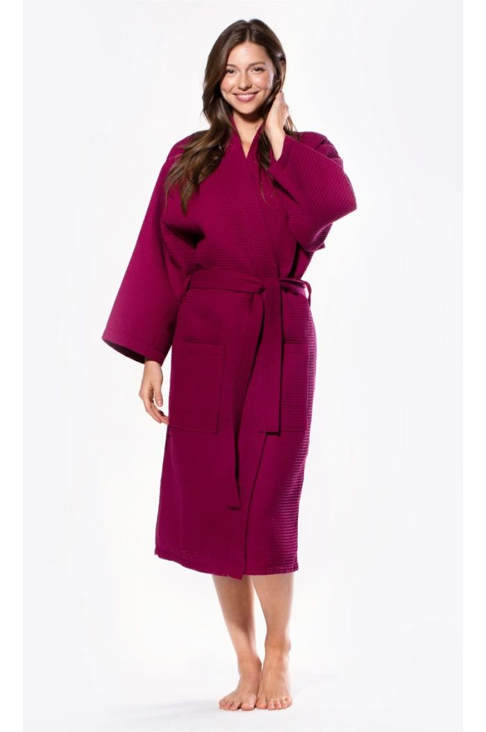 LM Brands Waffle Uni-Sex Kimono Wine Red Long Robe Square Pattern LM7023-Wine Red