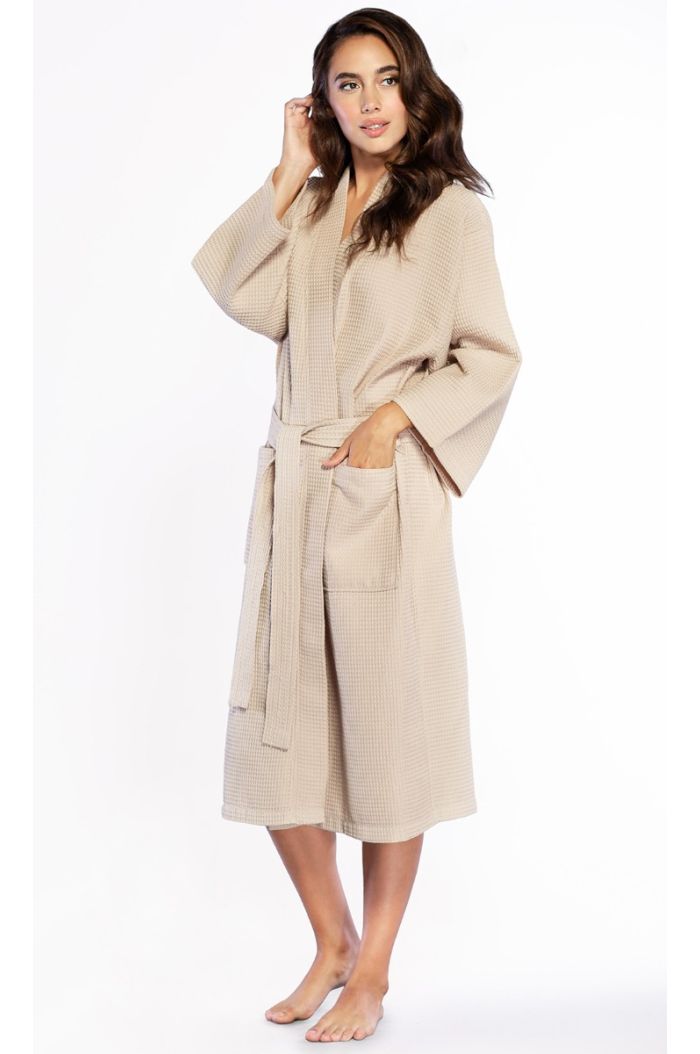 LM Brands Waffle Uni-Sex Kimono Taupe Long Robe Square Pattern LM7023-Taupe