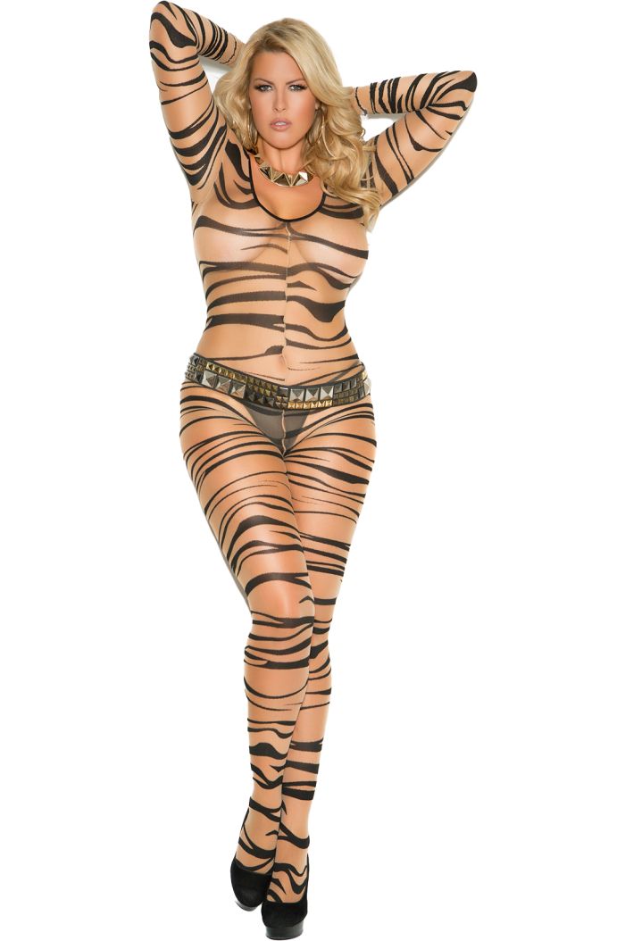 Elegant Moments Sheer Zebra Print Long Sleeve Bodystocking With Open Crotch EMH1690Q