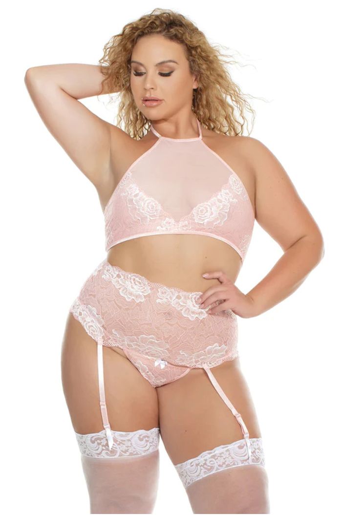 Coquette Queen Size 3 Pc Lace Crop Top, Garter Belt and G-String Set CQ7176