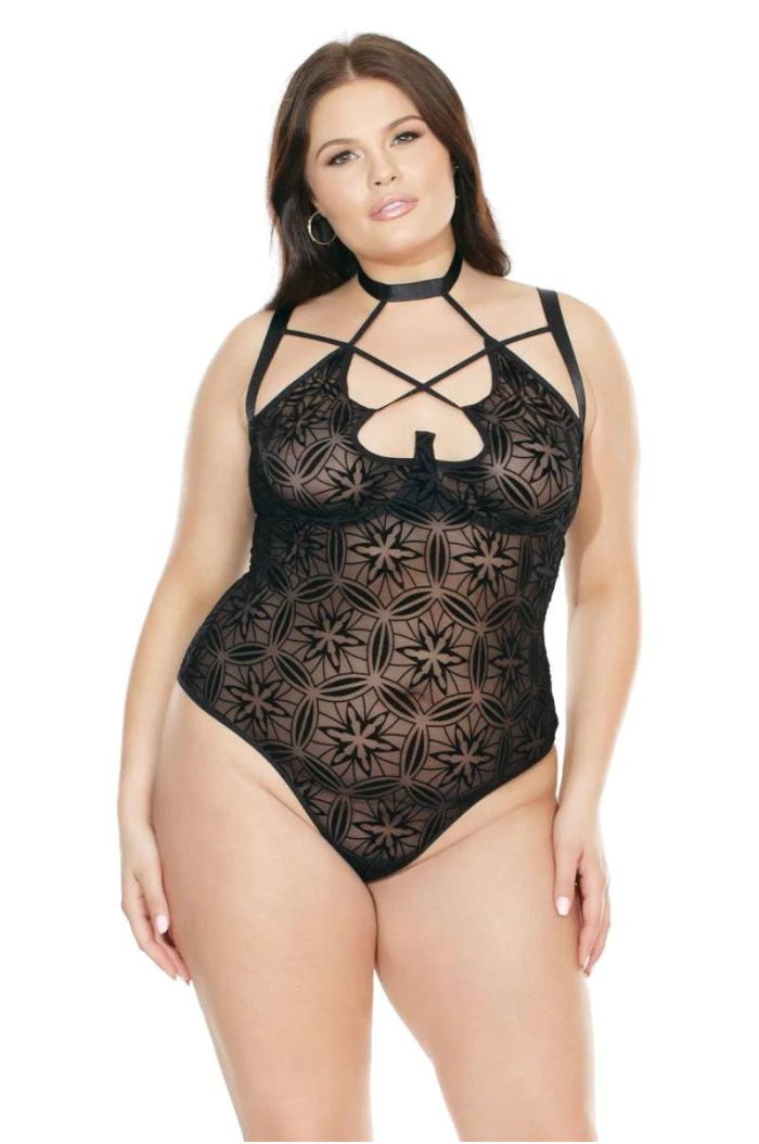 Coquette Queen Strappy Flocked Mesh with Pattern Underwired Teddy CQ7227X