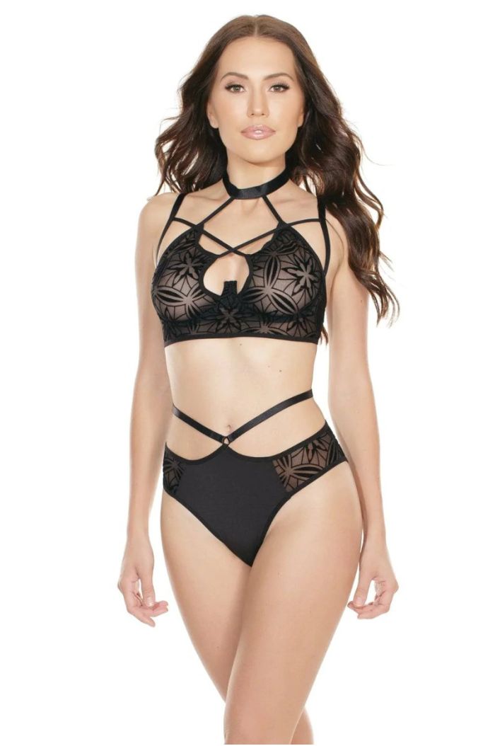 Coquette Strappy Flocked Mesh and Microfiber Bra & Panty Set CQ7228
