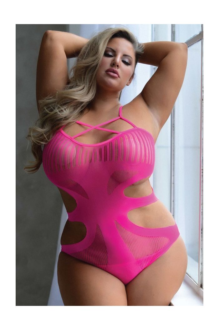 Killer Legs Plus Size Seductive Sheer Grid Crossover Fishnet Bodysuit 818JT334Q-FUS