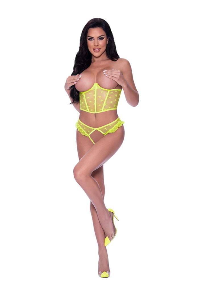 Magic Silk Cupless Bustier & Open Crotch Panty Set M316-NEONCHARTREUSE
